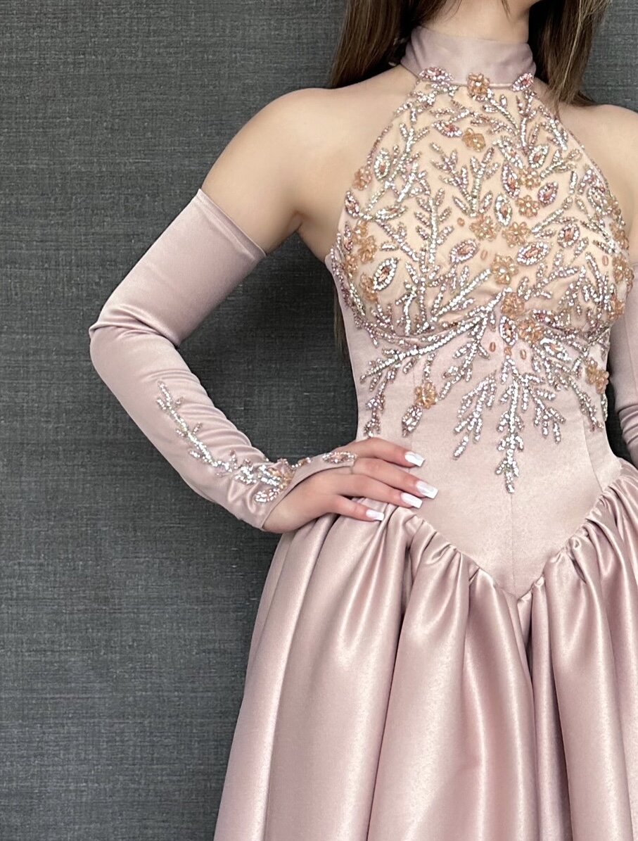 Close view of the beaded bodice on the pink gown